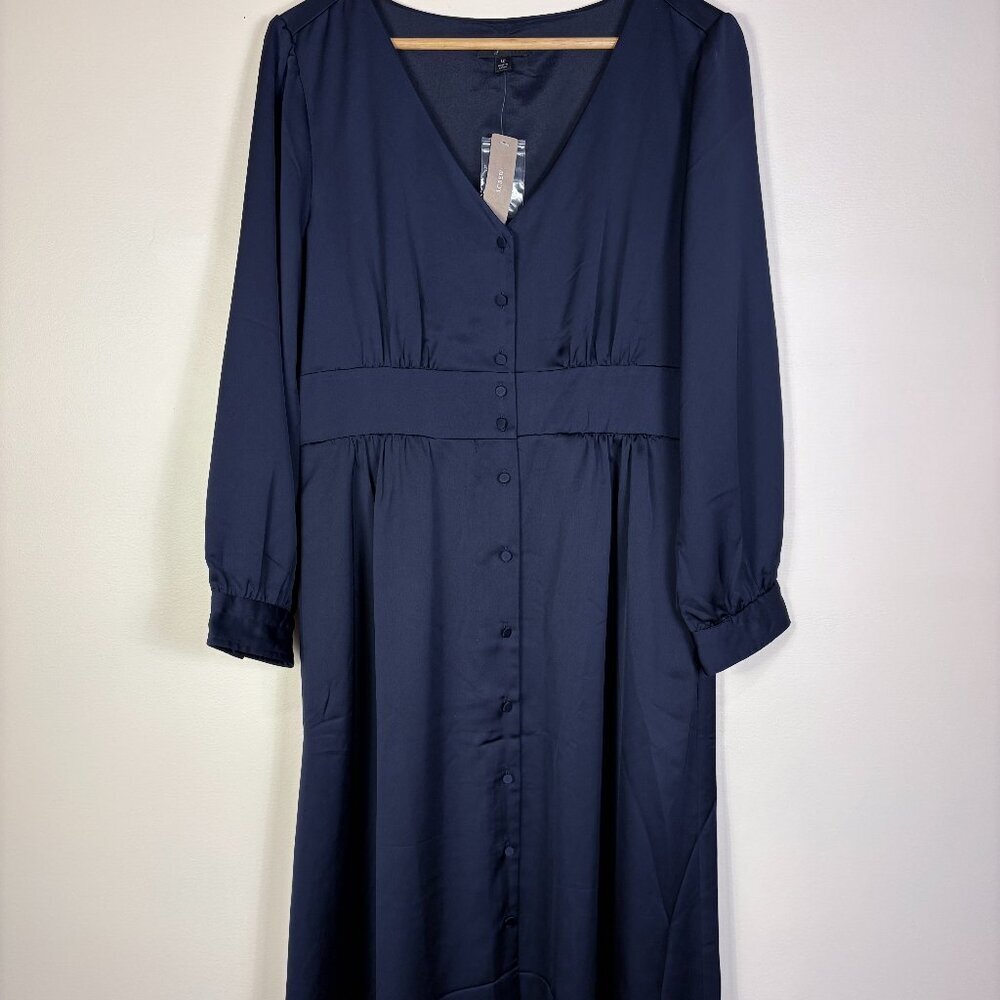 J Crew Satin Navy Long Sleeve Midi Dress Button Down Holiday Elegant - Picture 2 of 12